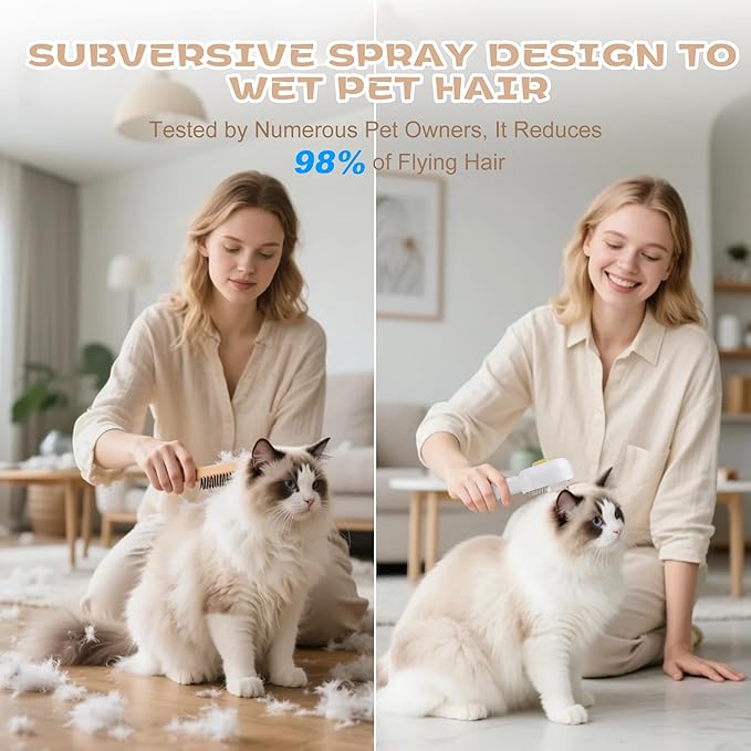 4 in 1 Cat Steam Brush - Self Cleaning Pet Steam Brush for Cat & Dog - Cat Brushes for Shedding with Quiet Motor - Elimination Flying Hair - Keep Your Clothes & Home Clean, White-Yellow