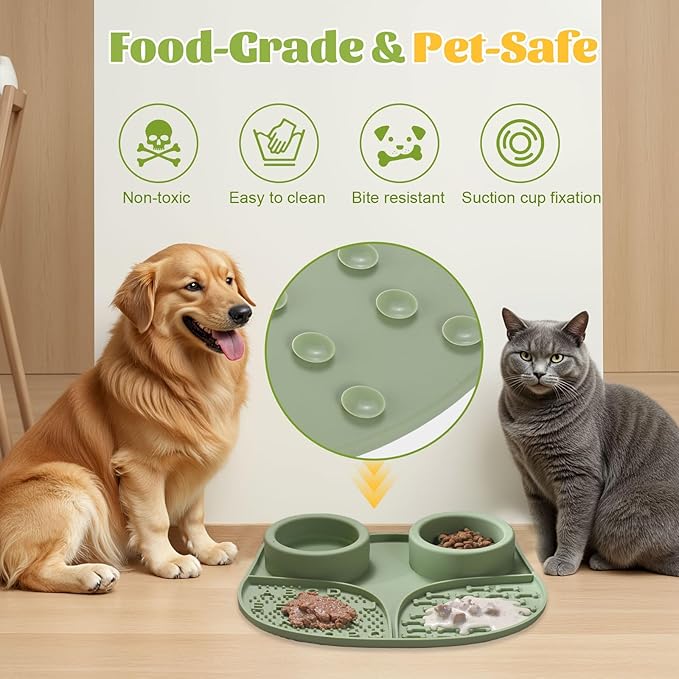 Silicone Slow Feeder Dog Bowls & Cat Bowls, 2 Cups Small Pet Food Bowl with Non-Slip Suction Base, Food-Grade Safe Puzzle Feeder for Small & Medium Dogs & Indoor Cats (Bowl & Lick Mat (Green))