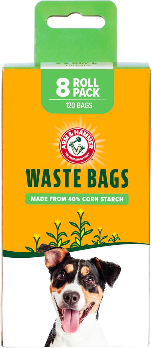 Arm & Hammer Dog Poop Leakproof Plant Based 120 Count Waste Bags, Unscented, Made From 40% Corn Starch With Activated Baking Soda, Pack of 8, Green