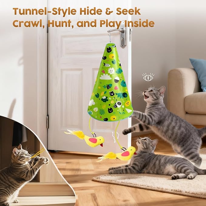 Interactive Cat Toy for Indoor Cats: 2 in1 Automatic Hide and Seek Moving Concealed Flying Bird Wand Feather with Chirping Bird Squeaky, Hanging Rechargeable Exercise Cat Toy for Kittens and Adult Cat