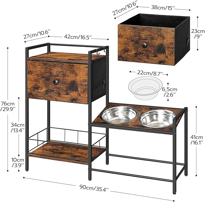 HOOBRO Raised Dog Bowls, Elevated Dog Bowl Stand with 3 Heights Adjustable, 2 Stainless Steel Bowls for Large Medium Breeds, Dogs Feeding Station with Storage, Rustic Brown and Black BF22PO03