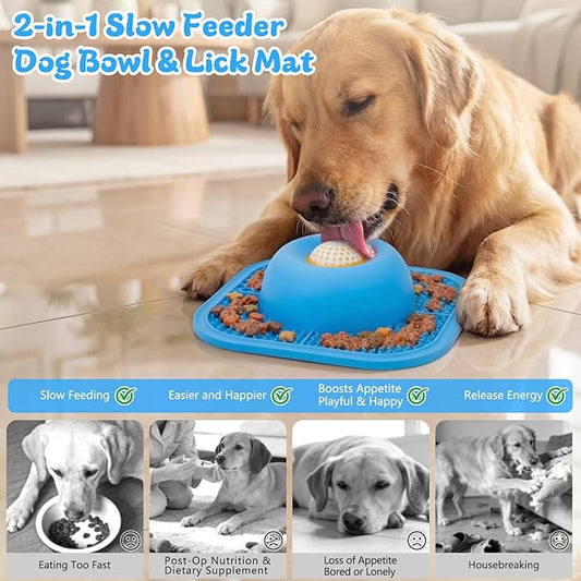 PetsHome Slow Feeder Dog Bowls & Lick Mat for Liquid and Thick Treat, Anti-Slip Dog Lick Bowl with Interactive Rolling Ball, 5/6 Cup Pup Licking Toy for Large Medium Small Dogs and Cats Blue