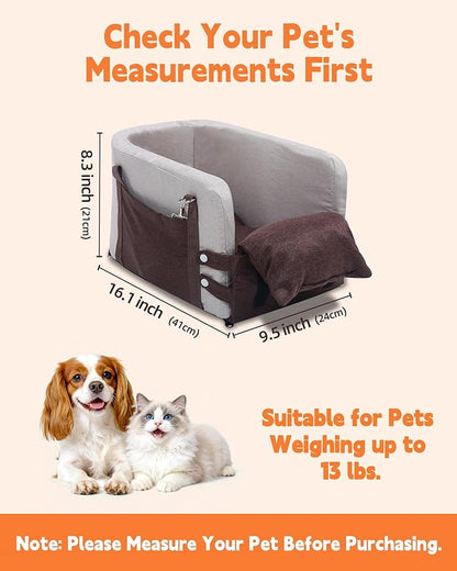 JZXOIVA Console Dog Car Seat & Travel Bed for Small/Medium Dogs, Booster Dog Car Seat with Safety Tether, Non-Slip Base, Washable Cover, Front or Back Seat Pet Carrier Bed, Brown