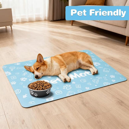 Pet Feeding Mat,Dog Cat Mat for Food and Water,Dog Bowl Waterproof Placemat with Rubber Backing,Absorbent Quick Dry Water Dispenser Mat for Pet（Blue 17"×29"）