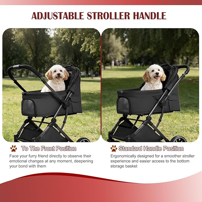 Small Dog Stroller, Pet Stroller for Small Dogs up to 55lbs- Fold All in One Without Detaching Carrier, Cat Stroller with Reversible Handle,Cup Holder (Black)