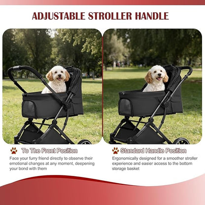 Small Dog Stroller, Pet Stroller for Small Dogs up to 55lbs- Fold All in One Without Detaching Carrier, Cat Stroller with Reversible Handle,Cup Holder (Black)