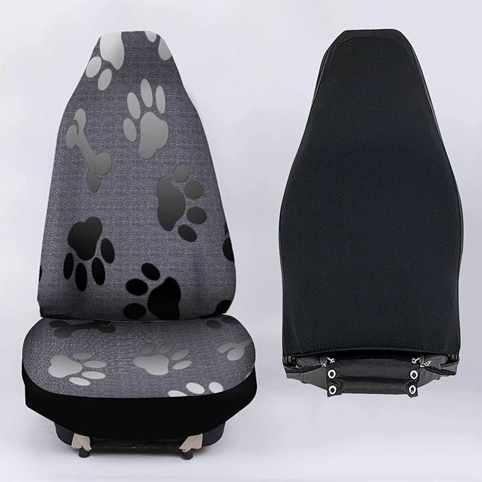 Grey Black Dog Paw Bones Printed Car Seat Cover only for Front, Waterproof Soft Universal Bucket Seats Cover Protector Fit Most Vehicles