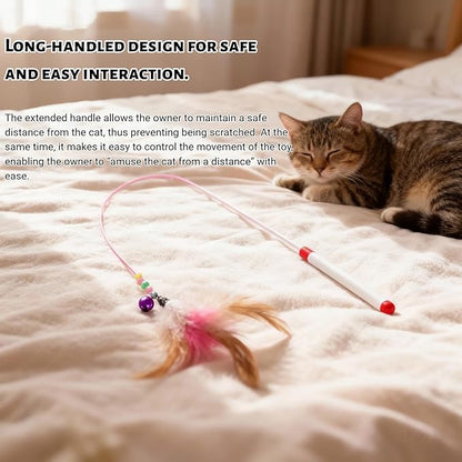 Cat Feather Wand Toy - Steel Wire Feather Interactive Cat Stick Training - Beads Bells Kitten Wand Toys Pet, Funny Kitten Fishing Pole Toy for Bored Indoor Chase & Exercise(1Pcs)