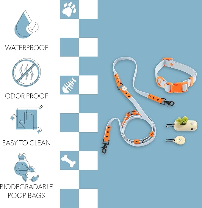 WLK1005D-5SET Luna Medium 8FT Adjustable 6-in-1 Waterproof Hands-Free Leash and Collar with LED Flashlight, Bag Dispenser, and Poop Bag Holder, Fishbowl