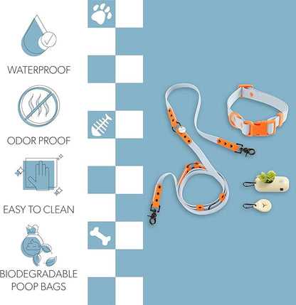 WLK1005D-5SET Luna Medium 8FT Adjustable 6-in-1 Waterproof Hands-Free Leash and Collar with LED Flashlight, Bag Dispenser, and Poop Bag Holder, Fishbowl