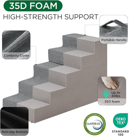 Made4Pets Dog Steps for Bed, Extra Wide Dog Stairs for High Bed Couch Sofa, 35D Foam Pet Steps for Small Dogs and Cats(Up to 40lbs), Non-Slip Bottom Pet Stairs, Grey, 4 Steps