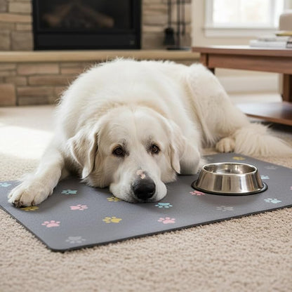 Cat Food Mat Absorbent Dog Mat for Food and Water Non Slip Quick Dry Dog Bowl Mats for Floors 24" X 16" Paw Light Gray