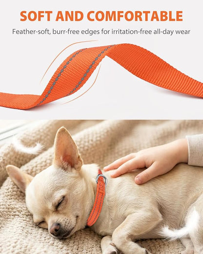 Joytale Puppy Collar, Feather-Light Double-Sided Reflective Nylon Collar for Night Safety, Adjustable Quick-Release for Extra Small Dogs, Orange, XS (3/8" Width)
