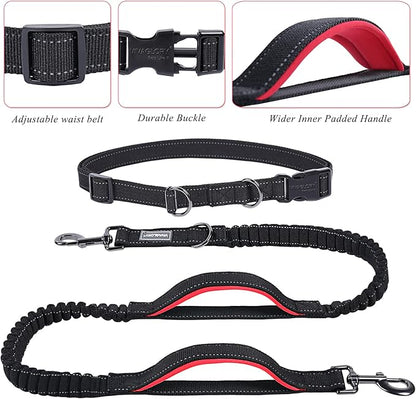 VIVAGLORY Hands Free Dog Leash Bungeetwin Running Dog Leash with Waist Belt for Running Walking & Jogging, Bungee & Around Waist for Pet, M, Black/Red
