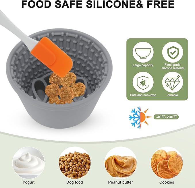 Slow Feeder Dog Bowls, Silicone Dog Lick Bowl with Brush & Scraper, Non-Slip Base Slow Feeder for Anxiety Alleviating & Oral Health, Gray Blue