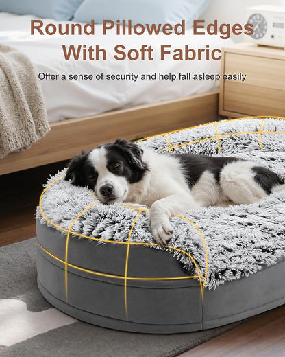 Fluffy 3.7 inch Thickened Orthopedic Dog Beds for Jumbo Dogs, Curved Bolster Support Dog Couch with Removable & Washable Cover, Orthopedic Oval Memory Foam, Non Slip Bottom,Grey