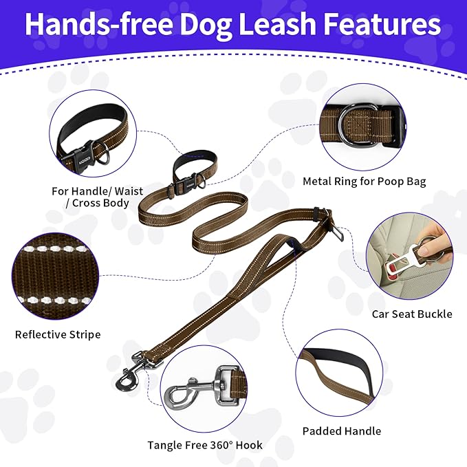 Kazazoo Hands-Free Dog Leash with Adjustable Length 6-9FT + Dual Padded Handles Reflective Safety for Walking, Jogging & Training| Suitable for Medium to Large Dogs & Puppies Brown-L