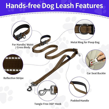 Kazazoo Hands-Free Dog Leash with Adjustable Length 6-9FT + Dual Padded Handles Reflective Safety for Walking, Jogging & Training| Suitable for Medium to Large Dogs & Puppies Brown-L