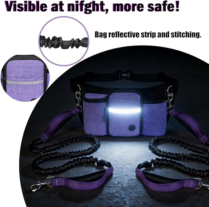 Hands Free Dog Leash for 2 Dogs, Adjustable Waist Belt, Reflective Stitching Leash with Double Padded Handles for Running, Hiking