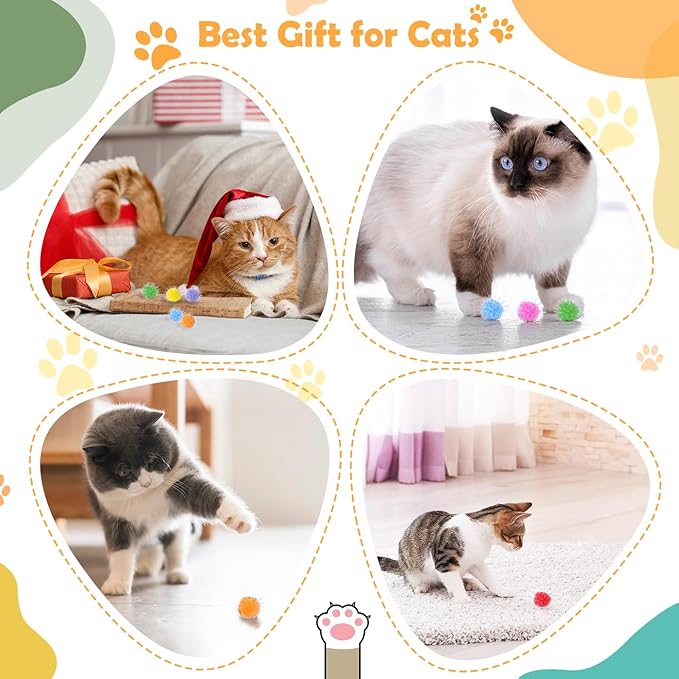 DF DUALFERV 60 Pcs Cat Pom Pom Balls, Interactive Cat Toys, Sparkle Balls for Cats, Extra Large and Fuzzy for Exercise and Entertainment, Multicolor, 1.5 Inch