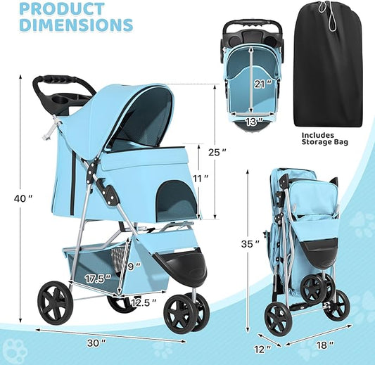 Magshion 3-Wheel Pet Stroller, Foldable Travel Jogger for Small & Medium Dogs & Cats (Up to 33lbs), Lightweight Carrier with Breathable Mesh Cover, Cup Holder & Storage Basket, Mint Green