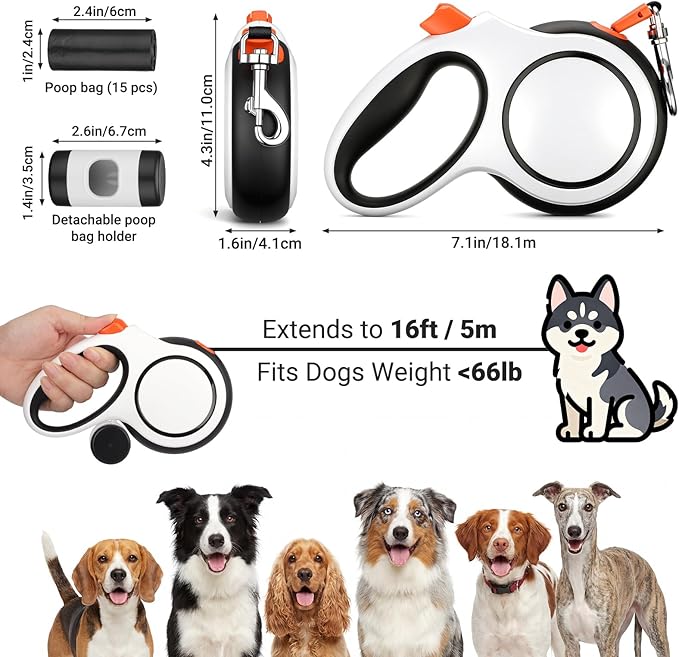 Segarty 16 Ft 360°Tangle-Free Leash with Detachable Waste Bag Holder, Retractable Dog Lead for Pet up to 66 Lbs, 5m White Walking Leash with Anti-Slip Handle & One-Handed Brake Pause Lock for Outdoors