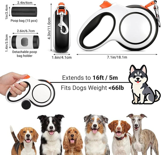 Segarty 16 Ft 360°Tangle-Free Leash with Detachable Waste Bag Holder, Retractable Dog Lead for Pet up to 66 Lbs, 5m White Walking Leash with Anti-Slip Handle & One-Handed Brake Pause Lock for Outdoors