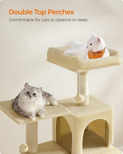 Feandrea Cat Tree, 55.1-Inch Cat Tower, Plush Multi-Level Condo with 4 Scratching Posts, 2 Perches, Hammock, Cave, Beige UPCT161M01