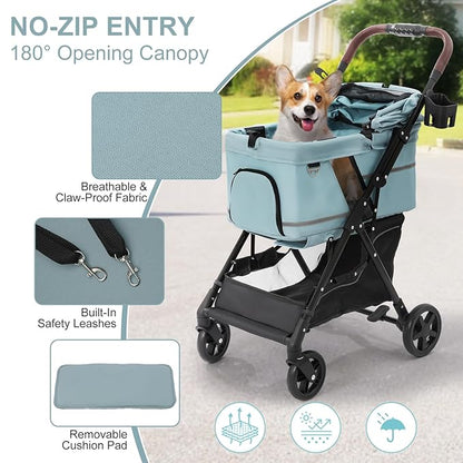NO-Zip Pet Stroller for Small Dogs & Cats, Lightweight Dog Stroller with Reflective Safety Strips, One-Hand Fold, Claw-Proof Mesh, Breathable Travel Carriage, 33lbs Capacity, Light Blue