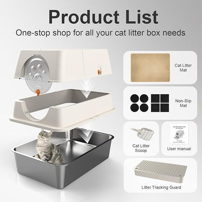 Stainless Steel Litter Box with Lid, XL Extra Large Litter Box, Enclosed Top Entry Metal Litterbox for Big Cats, Easy Cleaning, Anti-Leakage & High Sided with Mat, Aisle & Scoop, Beige