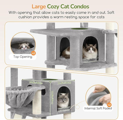 Globlazer Extra Large Cat Tree, 78 inch Sturdy Tall Cat Tree Tower for Indoor Multiple Large Adult Cats Kittens with 6 Scratching Posts, Enlarged Top Perch, 2 Padded Condos, S78G, Light Grey