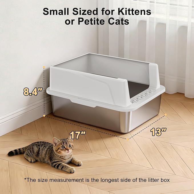 FURTIME Stainless Steel Cat Litter Box with Lid, Metal Kitty Litter Box for Small Cats, Kitten Litter Boxs with Scoop and Mat, Non-Sticky, Anti-Leakage, Easy to Clean, 17"x13"x8.4" (Small)