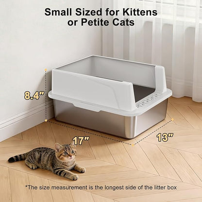 FURTIME Stainless Steel Cat Litter Box with Lid, Metal Kitty Litter Box for Small Cats, Kitten Litter Boxs with Scoop and Mat, Non-Sticky, Anti-Leakage, Easy to Clean, 17"x13"x8.4" (Small)