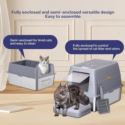 XXXL Stainless Steel Litter Box with Lid，Extra Large 28"L*20"W*18.1"H Metal Cat Litter Boxs,Jumbo Enclosed Removable Litter Box High Sides For Big Cats,with Cat Litter Scoop, Leak-Proof, Easy to Clean