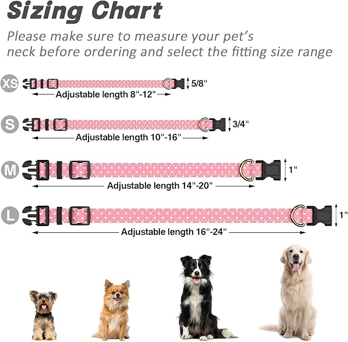 Reflective Dog Collar for Large Dogs, Cute Adjustable Heavy-Duty Nylon Puppy Collars for Boy and Girl Female, Soft Pet Accessories with Quick Release Buckle, Neck 16-24", Pink Hearts