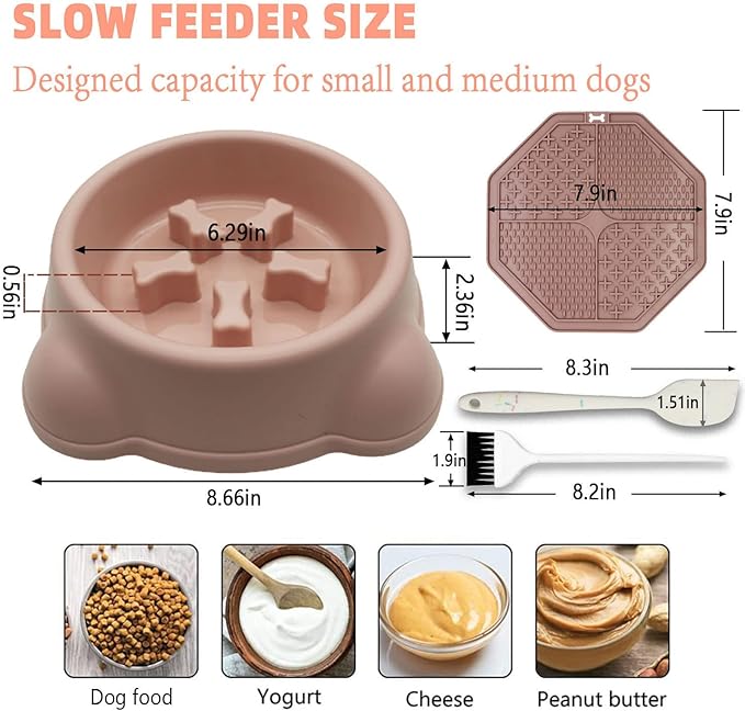 Excellent Slow Feeder Dog Bowl, Prevent Bloat or Choking, Fun Alternative Dog Slow Feeding Bowl for Small Medium Size Dogs,Dog Food Slow Feeder Bowl/Licking mat Set (Pink Set)