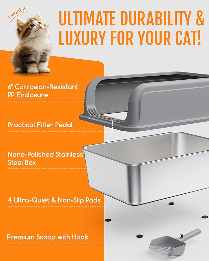 Stainless Steel Cat Litter Box, Metal Litter Box with Scoop, High- Sided, Anti-Leakage Top Entry, Non-Sticky, Easy to Clean, 8-Inch Splash-Proof Deep Pan, Grey, XXL (1 Pack)