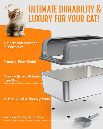 Stainless Steel Cat Litter Box, Metal Litter Box with Scoop, High- Sided, Anti-Leakage Top Entry, Non-Sticky, Easy to Clean, 8-Inch Splash-Proof Deep Pan, Grey, XXL (1 Pack)