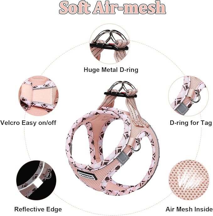 Mercano Soft Mesh Dog Harness and Leash Set, No-Chock Step-in Reflective Breathable Lightweight Easy Walk Vest Harnesses with Safety Buckle for Small Dogs, Cats (Champagne, L)