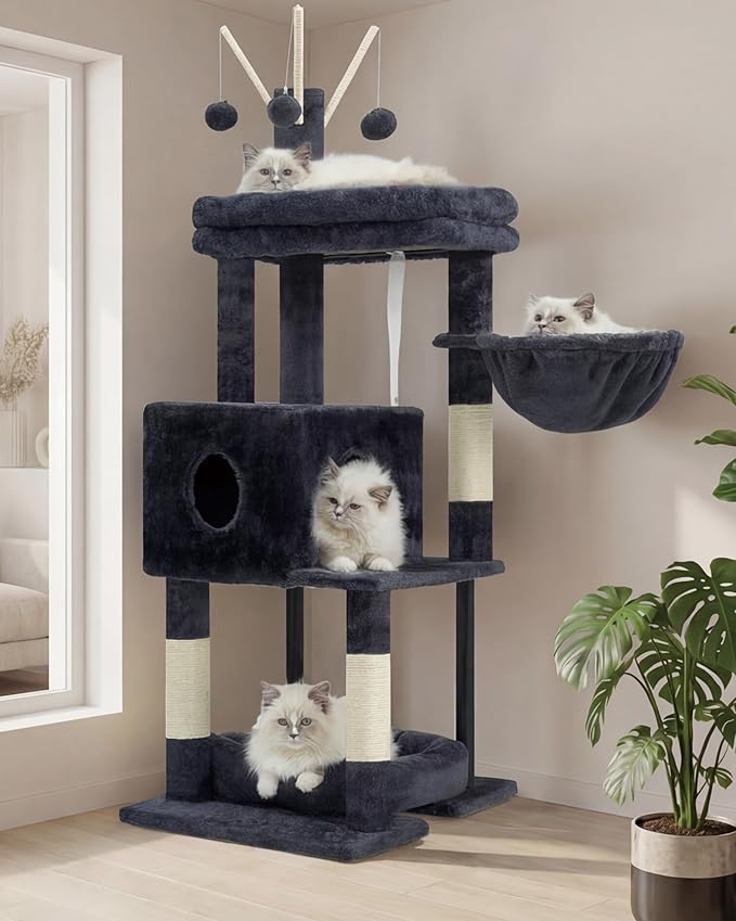 Heybly Cat Tree, 45.3-Inch Cat Tower for Indoor Cats with Large Perch, All-in-One Cat Furniture with Cozy Bed, Hidden Space Cat Condo, Comfy Hammock, Scratching Posts & 3 Pompoms, Smoky Gray HCT202SG