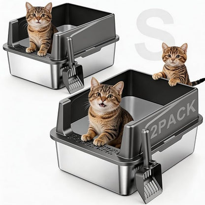 FURTIME 2 Pack Stainless Steel Cat Litter Box with Lid, Metal Kitty Litter Box for Small Cats, Kitten Litter Boxs with Non-Sticky, Anti-Leakage, Easy to Clean, 17"x13"x8.4" (Small)