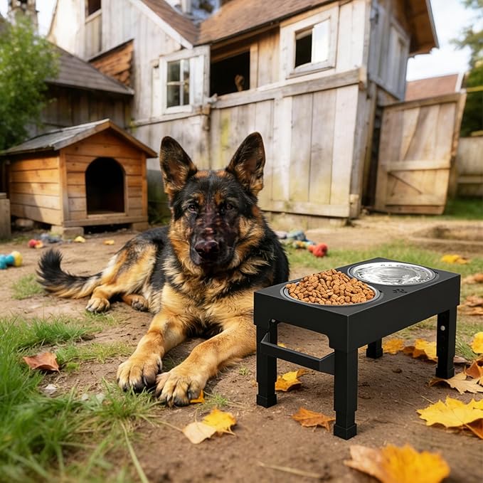 Elevated Dog Bowls, 4 Height Adjustable Raised Bowl Stand with 2 Stainless Steel 7" Food Feeder Bowls for Small Medium and Large Dogs （Plastic）