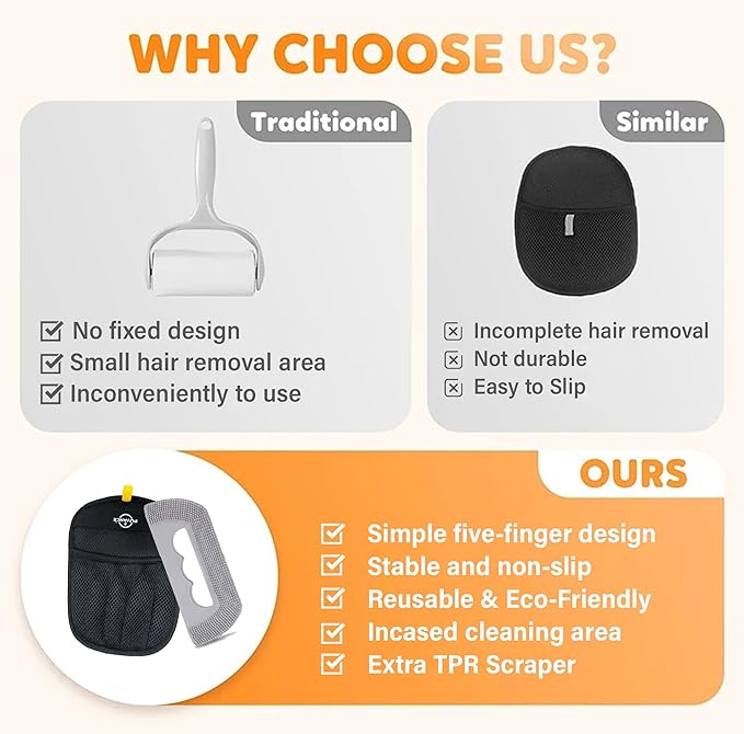 Upgraded Pet Hair Removal Glove for Cats & Dogs with TPR Scraper – Five-Finger Electrostatic Reusable Fur & Lint Remover for Couch, Carpet, Clothing & Car Seats
