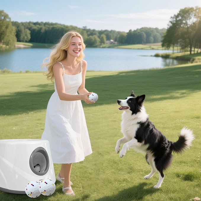 Automatic Ball Launcher for Dogs with 6 ETPU Balls, White, Adjustable Distance 20-45ft, USB Rechargeable, Interactive Dog Toy (Gary)
