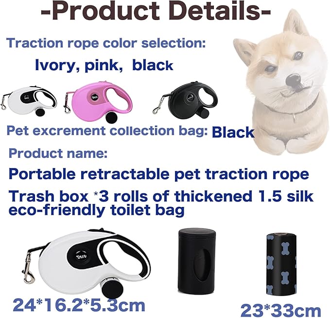 26 ft Retractable Dog Leash with Dispenser and 3 Pieces Poop Bags, Retractable Dog Leash for Small Medium Large Dogs up to 110lbs, Heavy Duty Design with Anti-Slip Handle (Black)