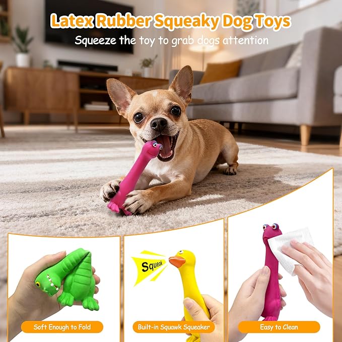 Latex Squeaky Dog Toys, 3 Pack Soft Rubber Dog Chew Toys, 7" Standing Stick Animal Pet Toy to Keep Them Busy, Interactive Fetch Squeak Toy for Puppy Small Dogs