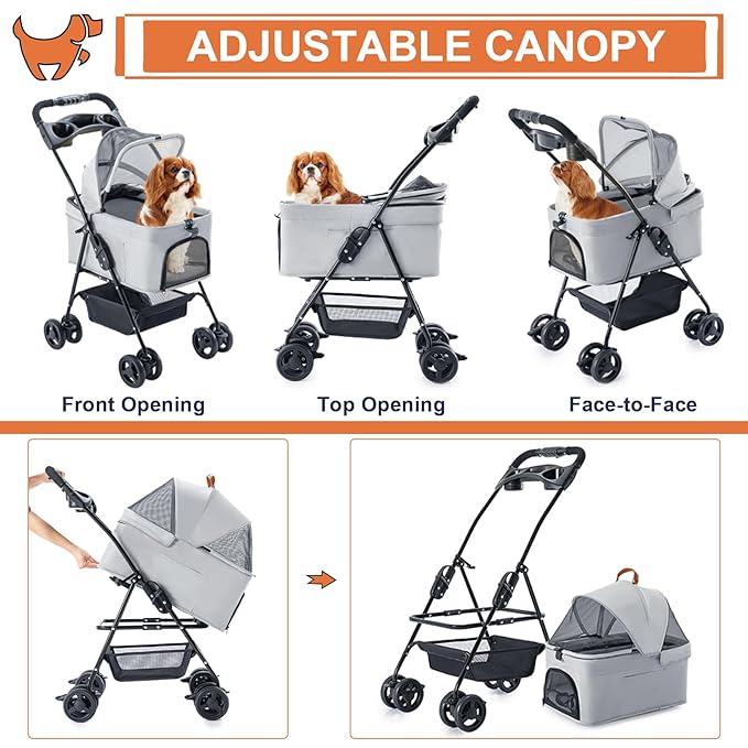 3-in-1 Pet Stroller for Small Dogs and Cats, Folding Lightweight Dog Stroller with Detachable Carrier Portable Cat Puppy Jogging Stroller with Cup Holder and Storage Basket, 4 Wheels