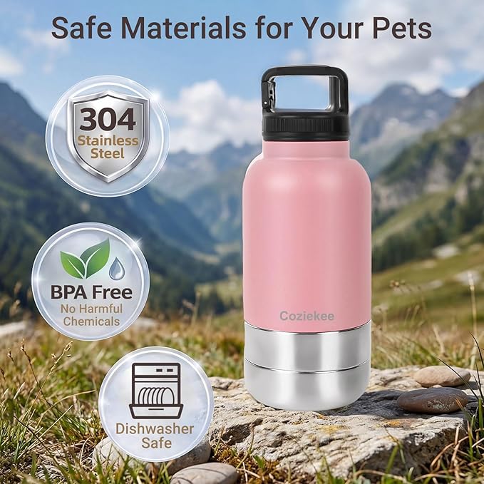 3-in-1 Dog Water Bottle Portable, 32oz Insulated Stainless Steel Pet Water Dispenser with 2 Detachable Travel Dog Bowls for Water & Food, Leak-Proof Puppy Water Bottle for Hiking, Walking (Pink)
