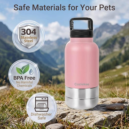 3-in-1 Dog Water Bottle Portable, 32oz Insulated Stainless Steel Pet Water Dispenser with 2 Detachable Travel Dog Bowls for Water & Food, Leak-Proof Puppy Water Bottle for Hiking, Walking (Pink)