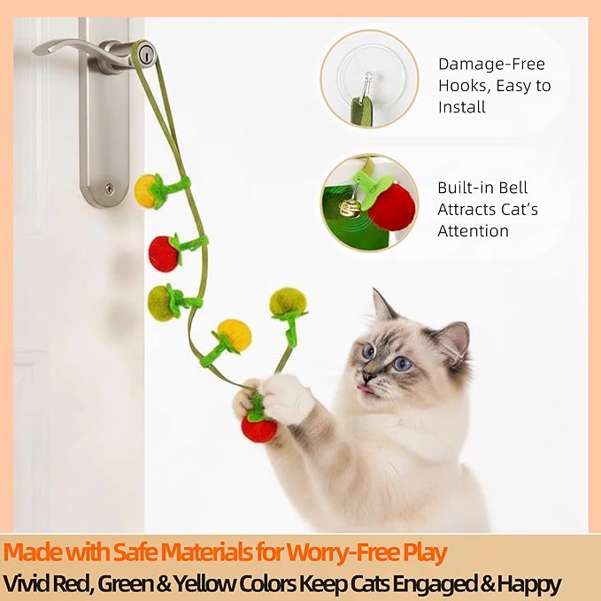 5 Pcs Catnip Toys for Indoor Cats, Hanging Tomato Toy with Hook, Natural Silvervine Chili & Dino Rope for Kitten Teething, 2 Plush Fish for Hairball Relief & Anxiety, Dental Chew Set